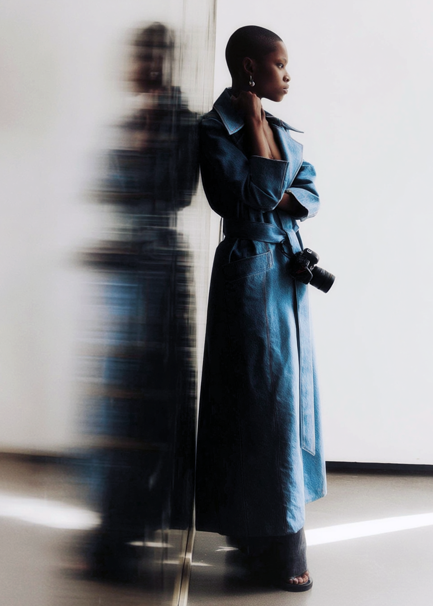 Long classic blue denim coat