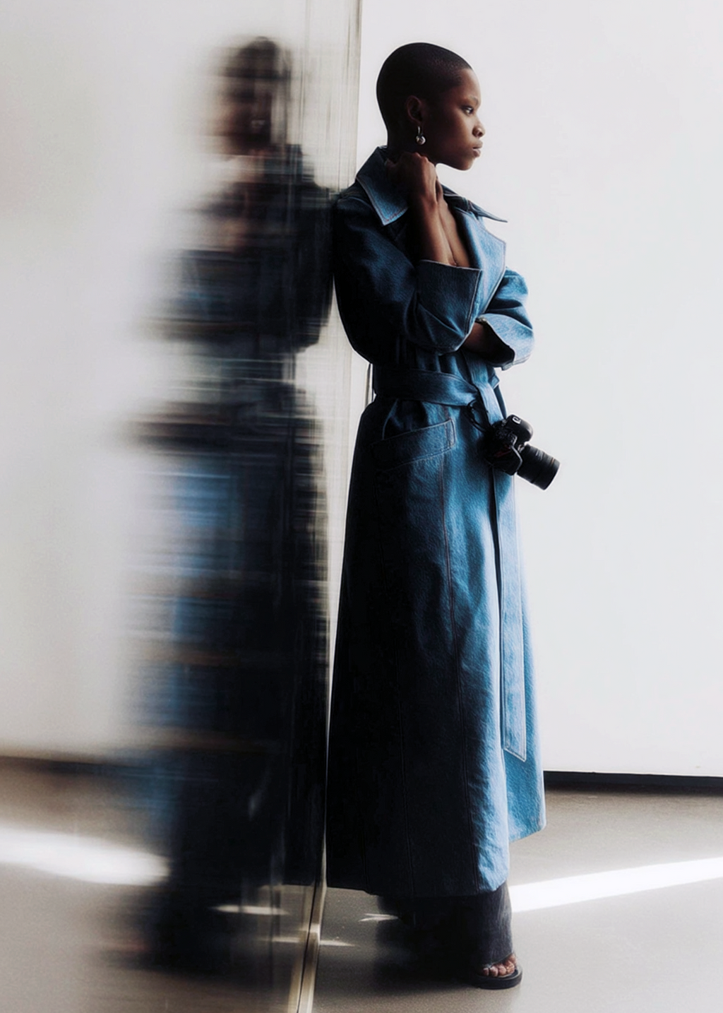 Long classic blue denim coat