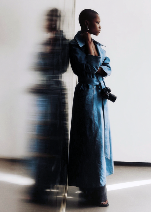 Long classic blue denim coat