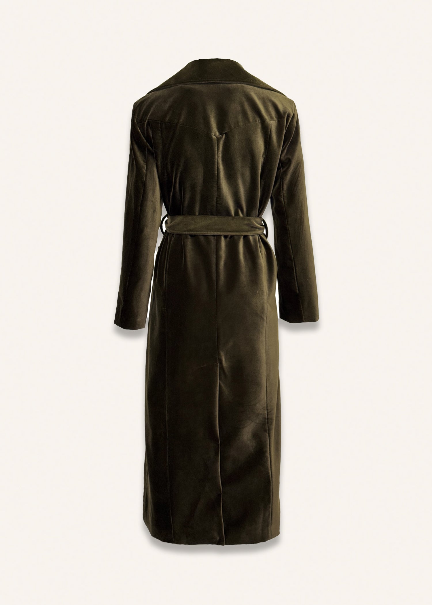 Long coat in dark green velvet