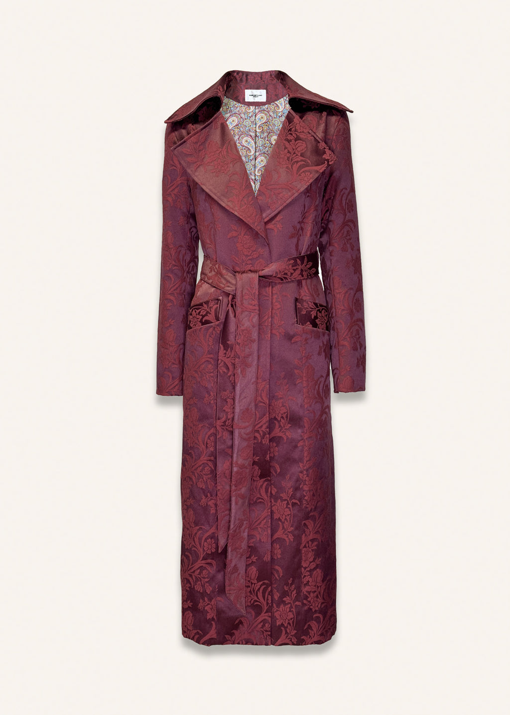 Long brocade coat in dark rose