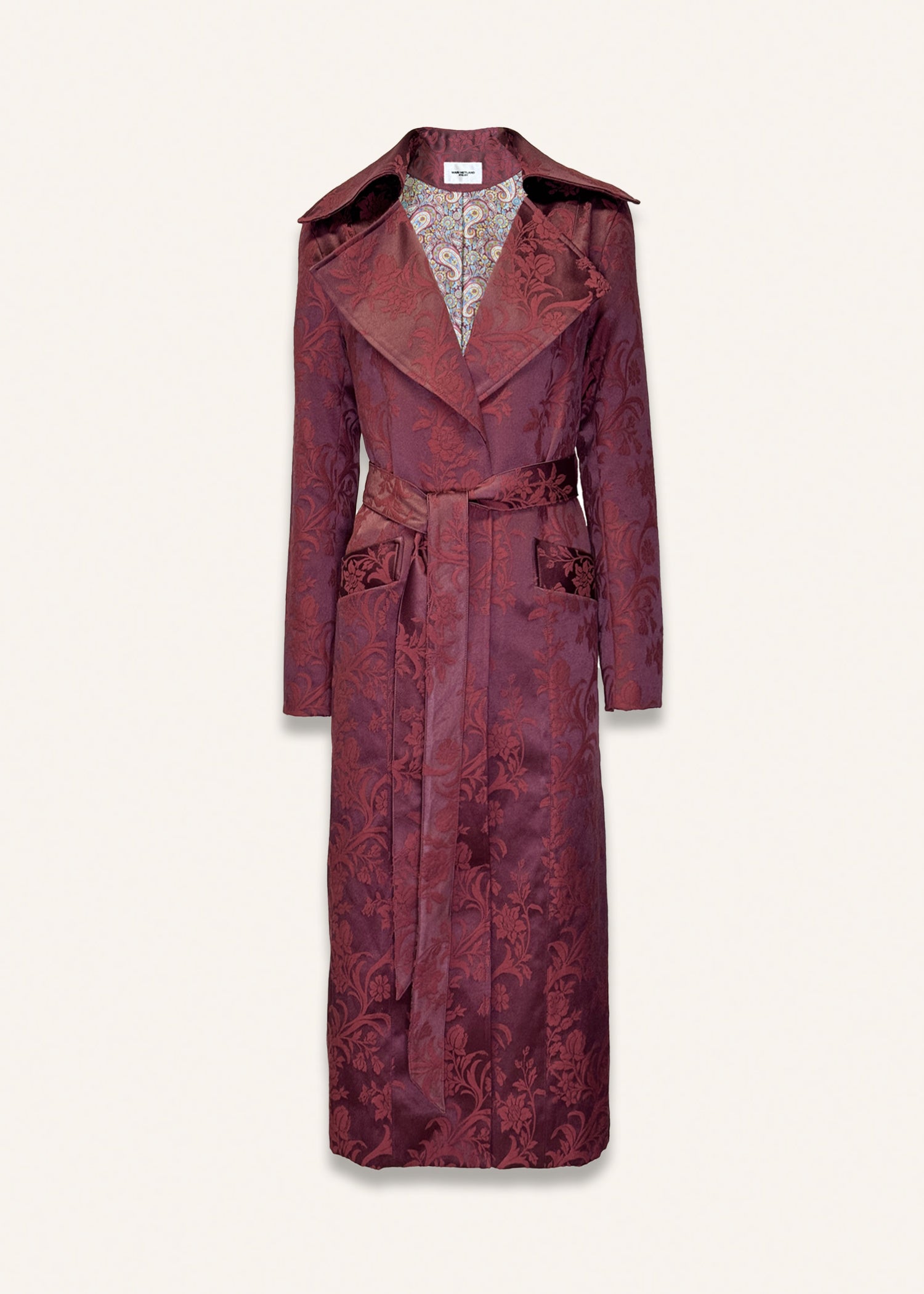 Long brocade coat in dark rose