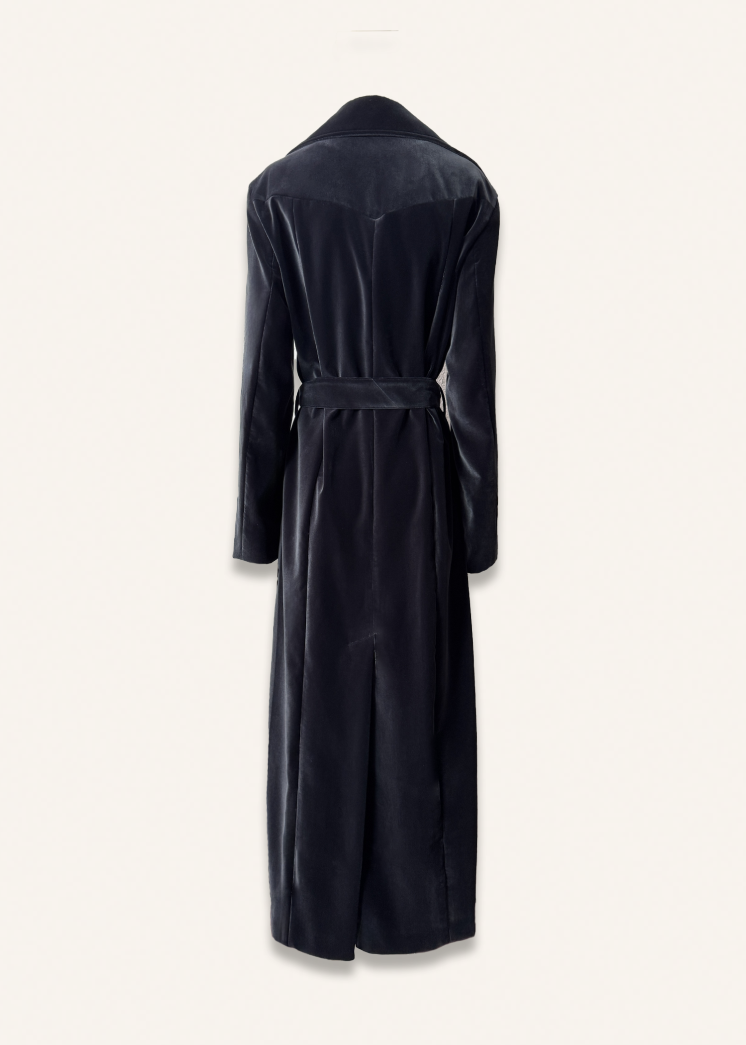 Long coat in deep blue velvet