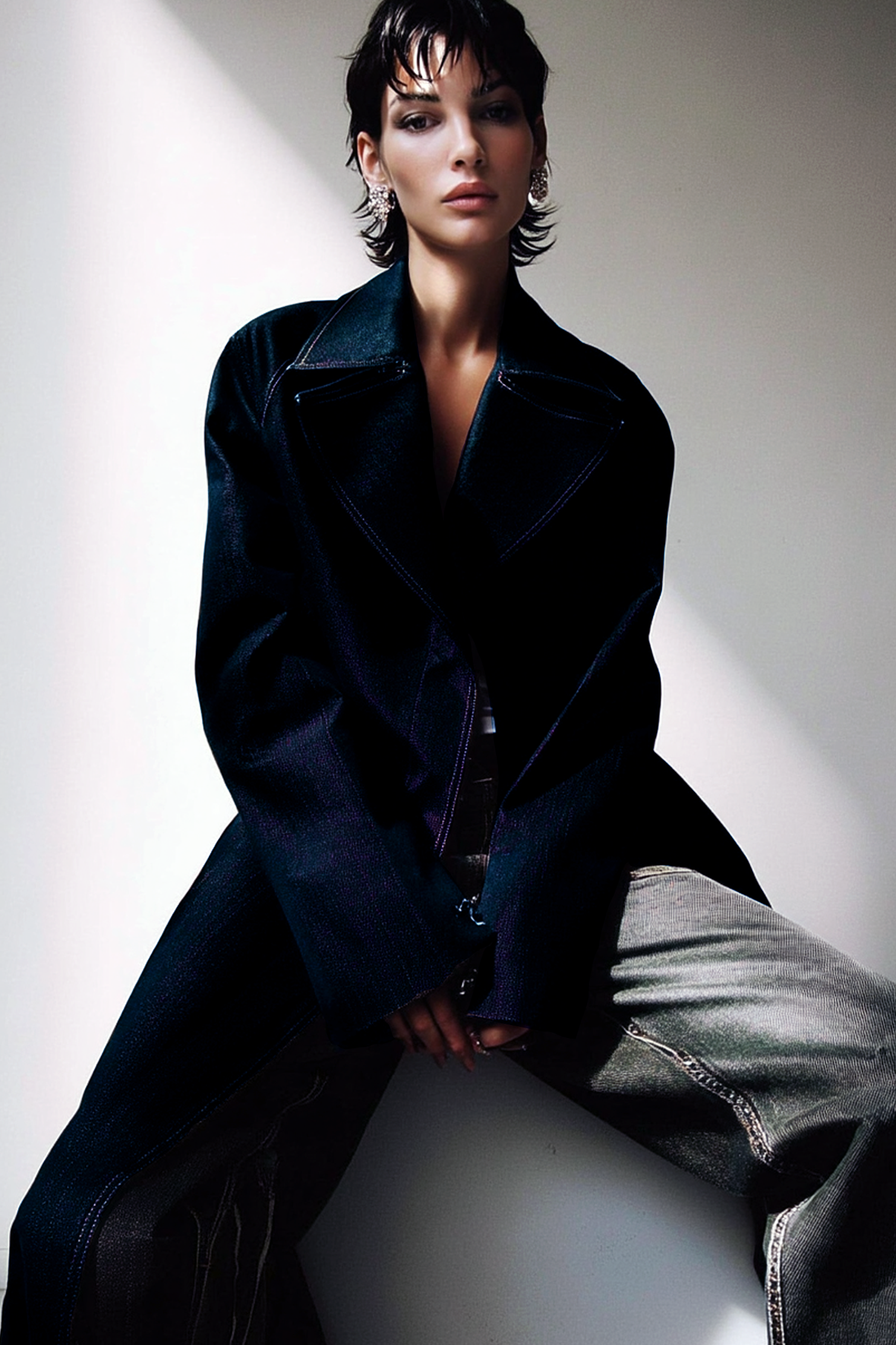 Oversized A-line denim coat in midnight blue