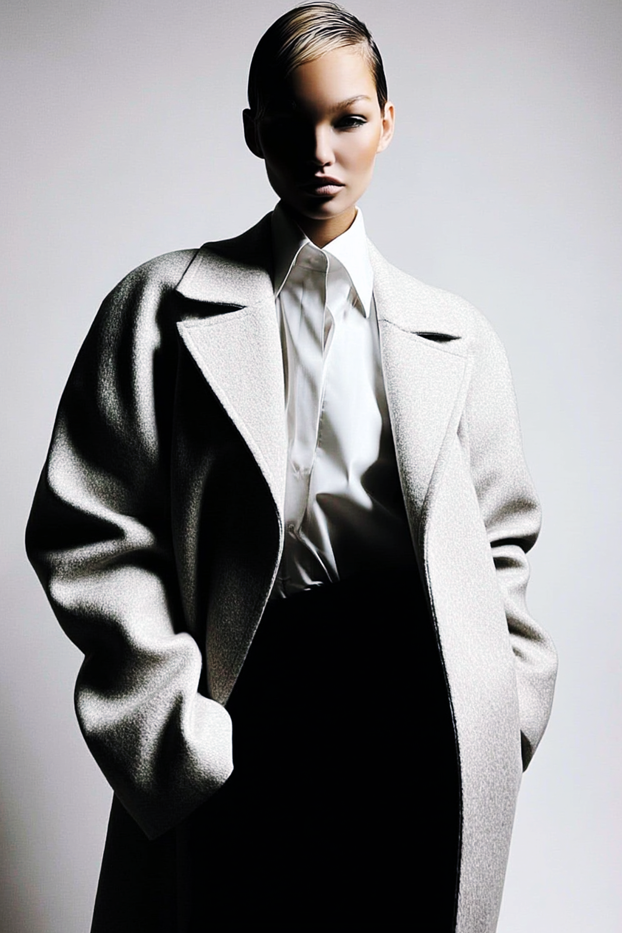 Oversized A-line grey mélange wool coat