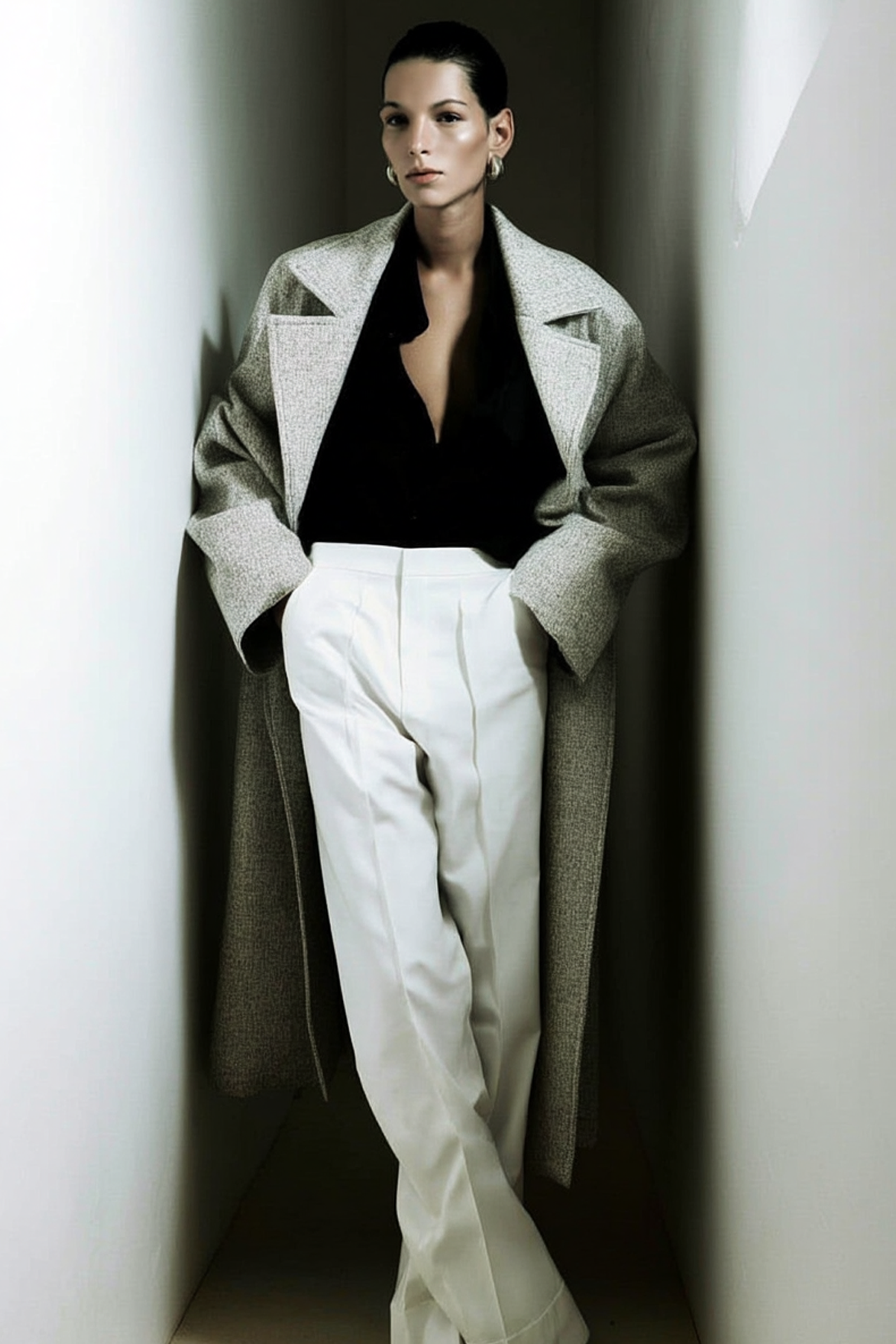 Oversized A-line grey mélange wool coat