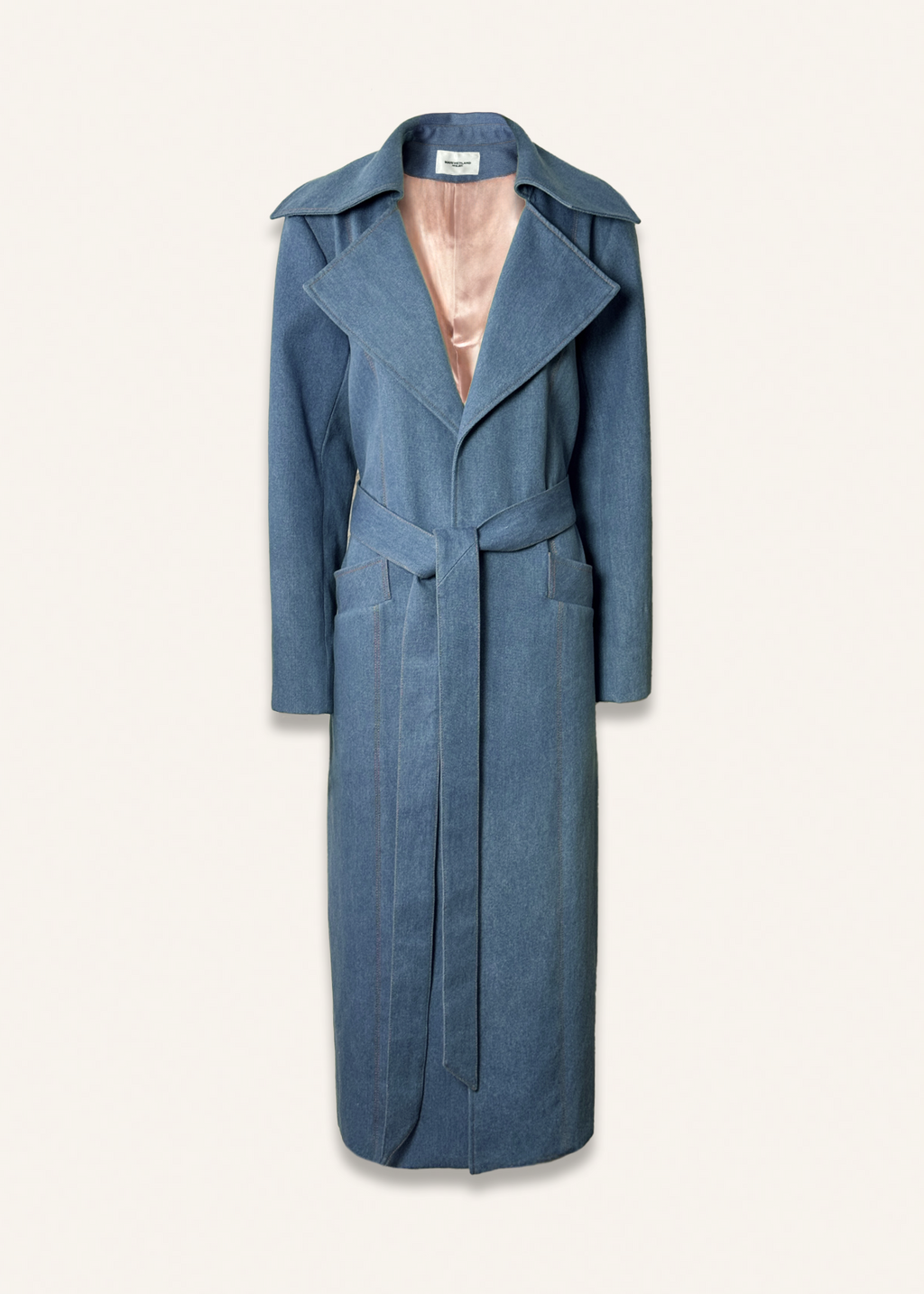 Long classic blue denim coat