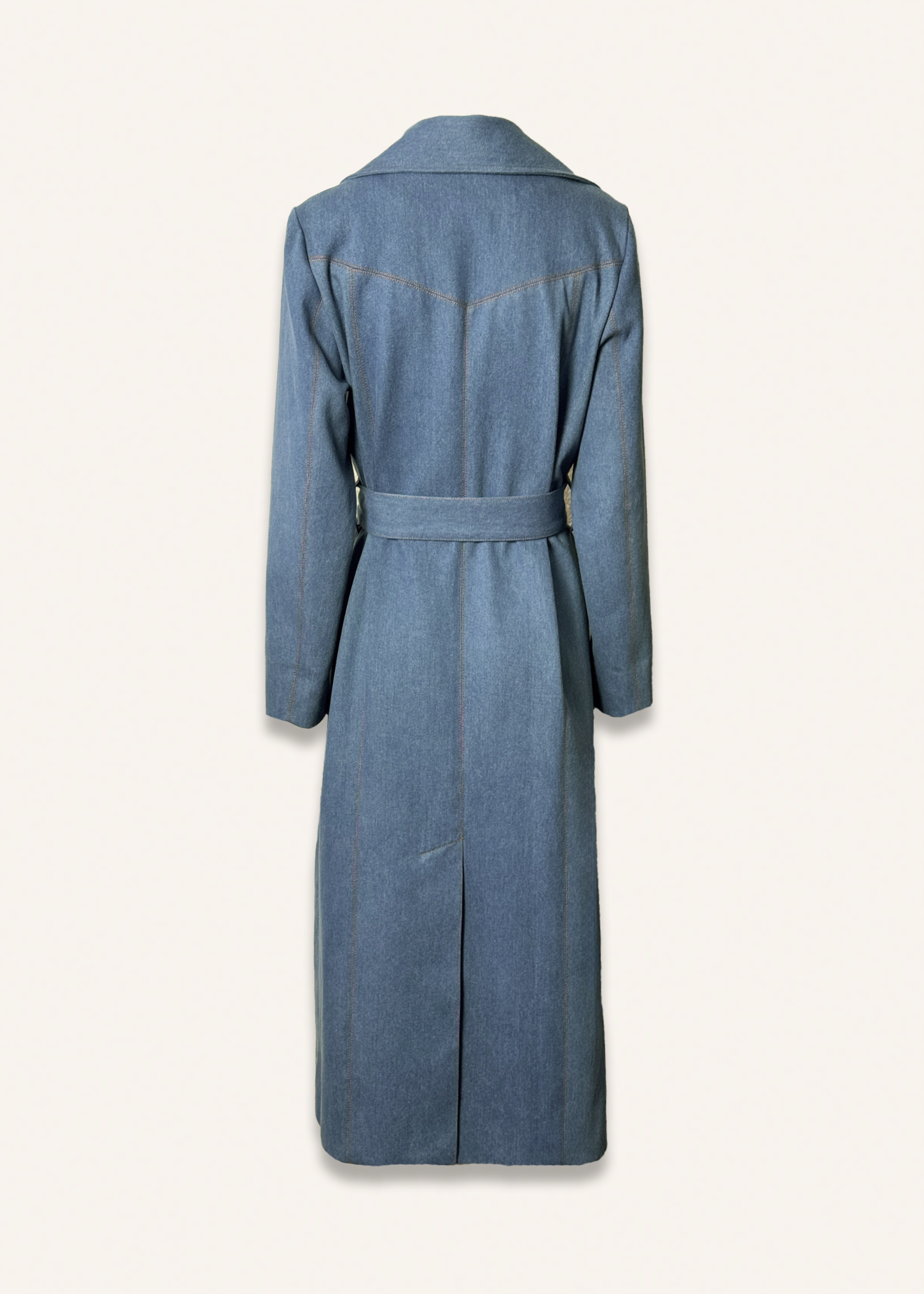 Long classic blue denim coat