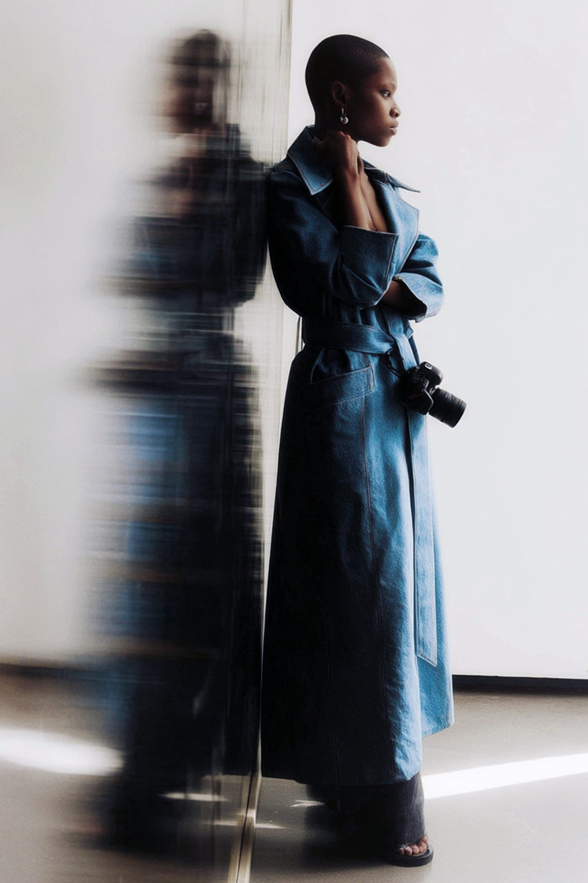Long classic blue denim coat