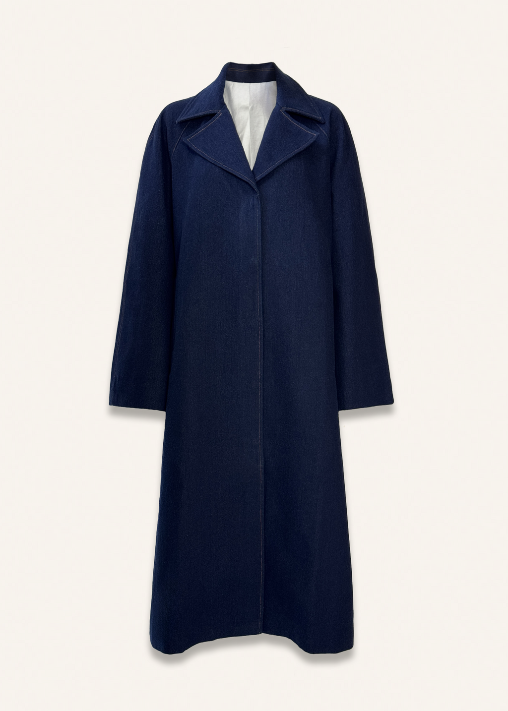 Oversized A-line denim coat in midnight blue