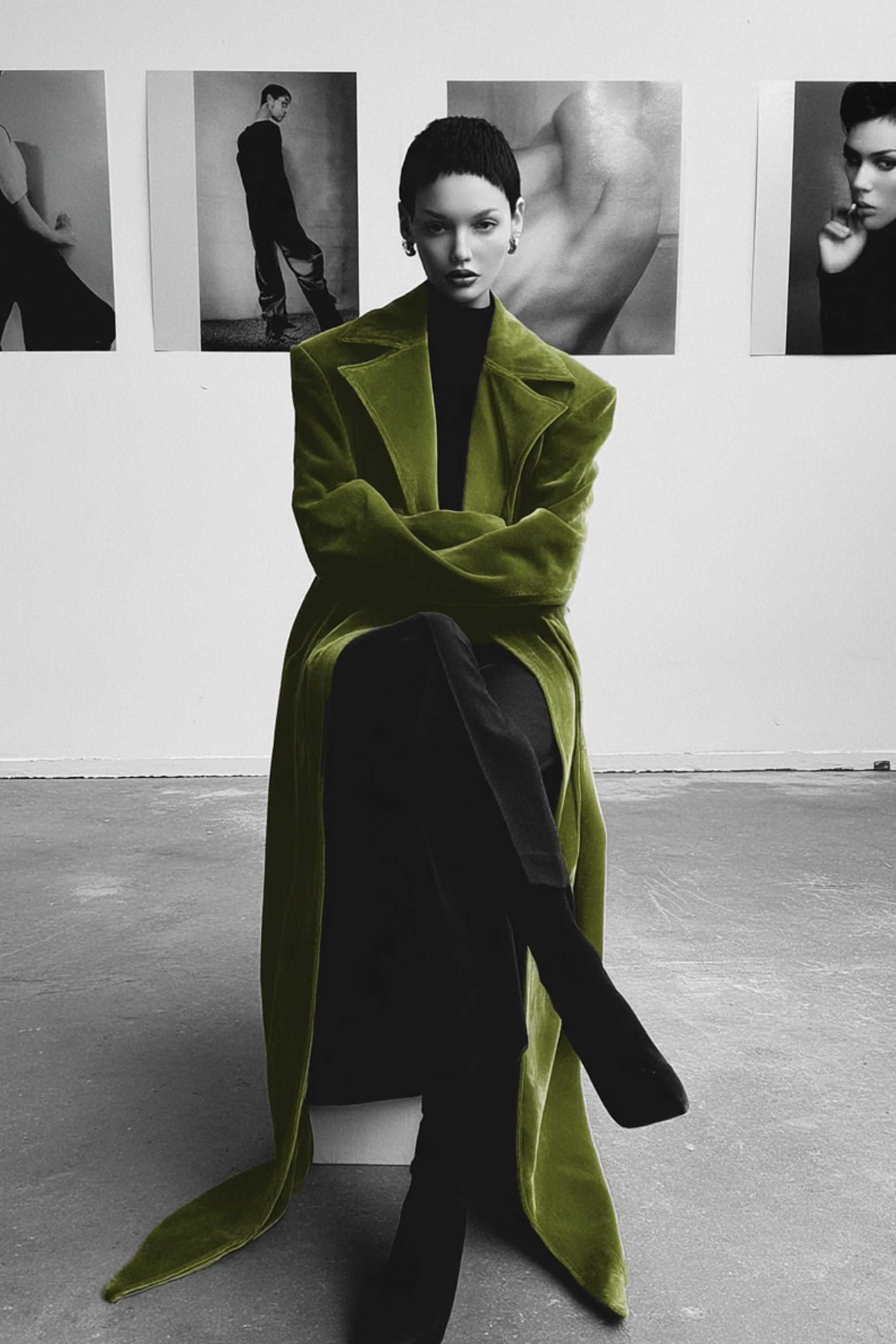Long velvet coat in olive green