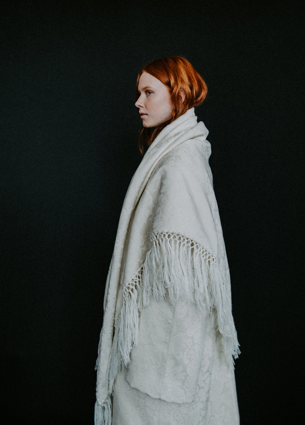 Oversized A-line creme damask wool coat