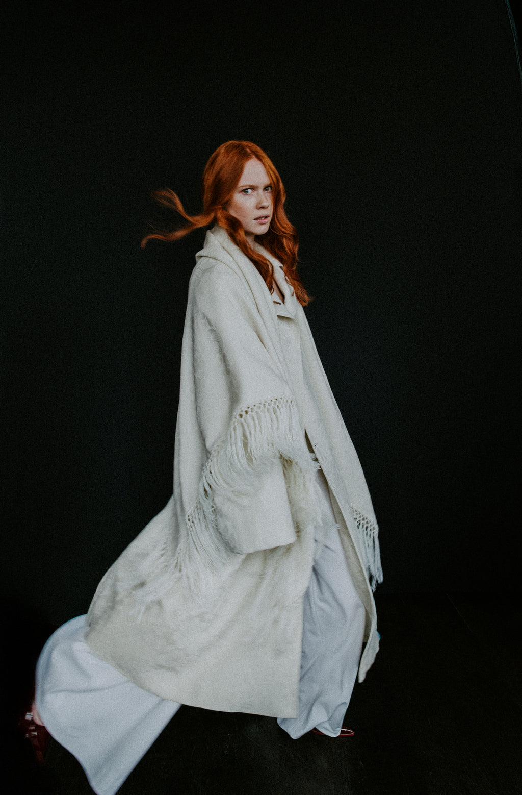 Oversized A-line creme damask wool coat