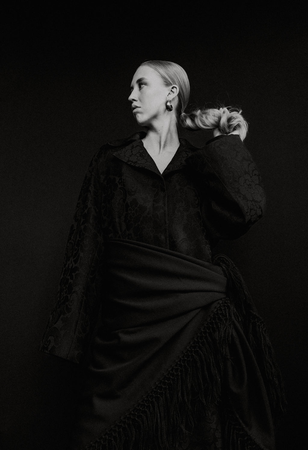 Oversized A-line black damask wool coat
