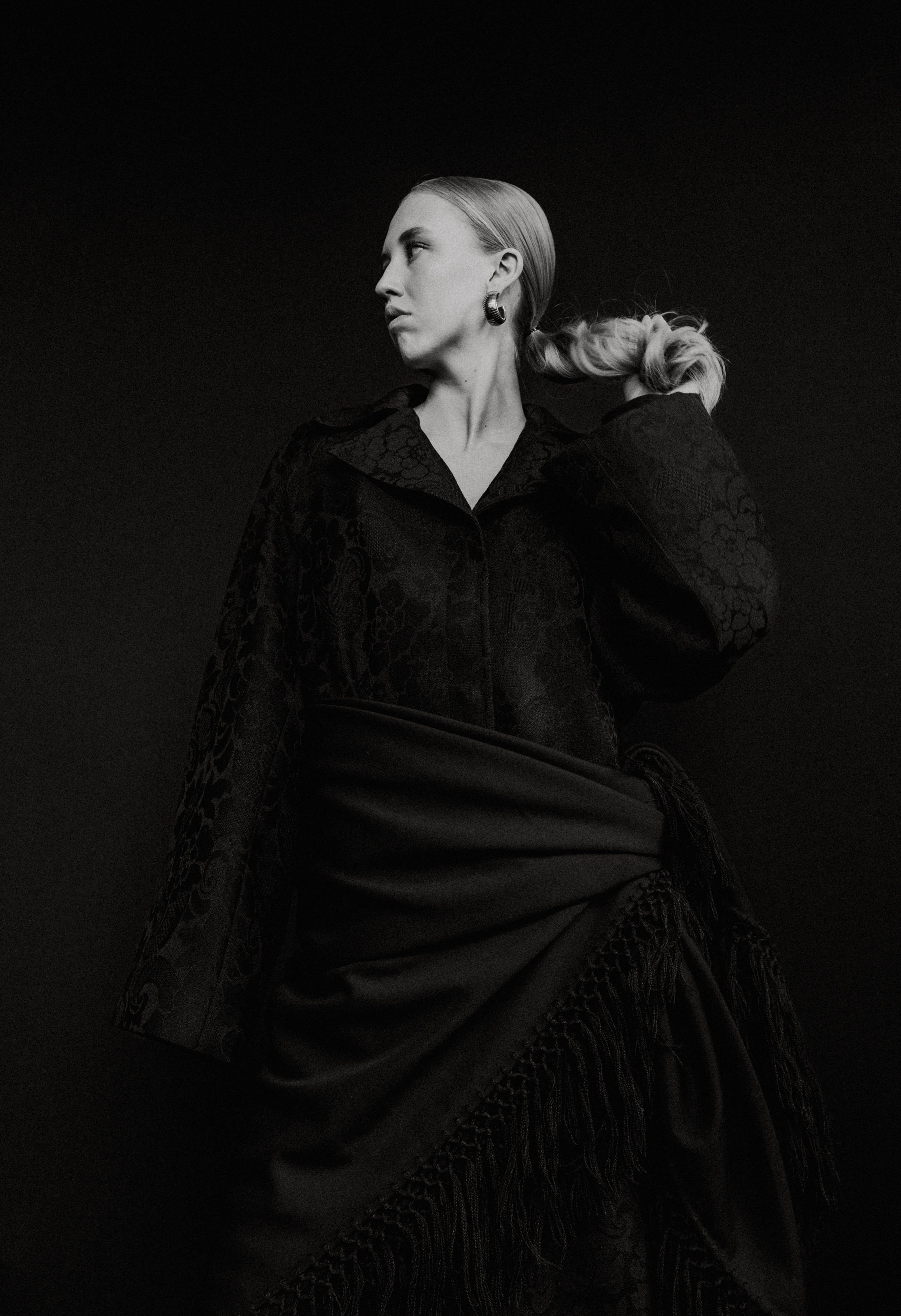 Oversized A-line black damask wool coat