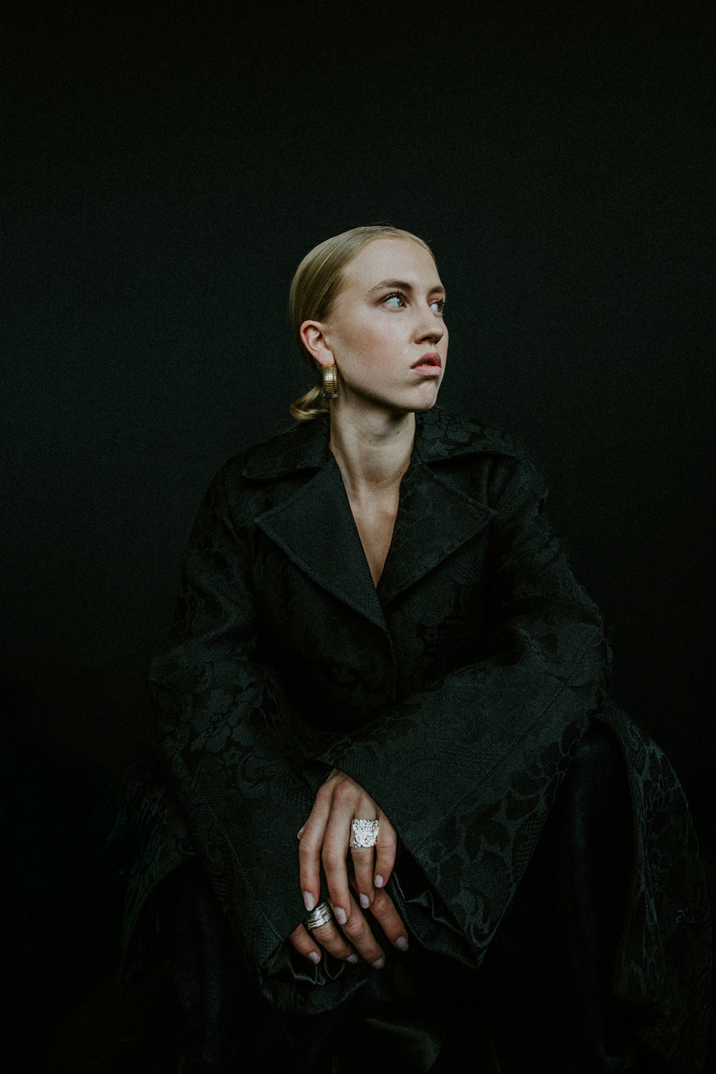 Oversized A-line black damask wool coat