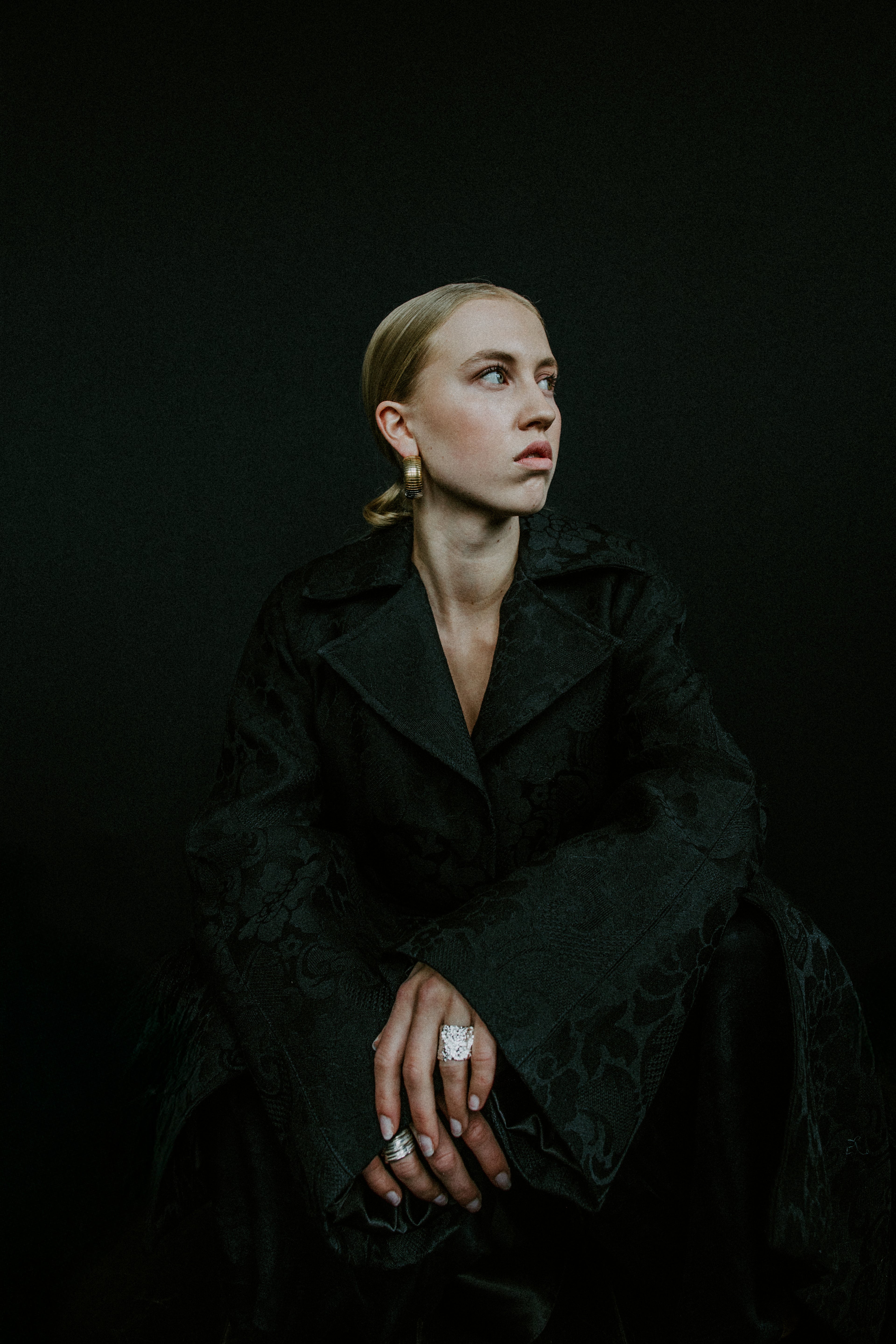 Oversized A-line black damask wool coat