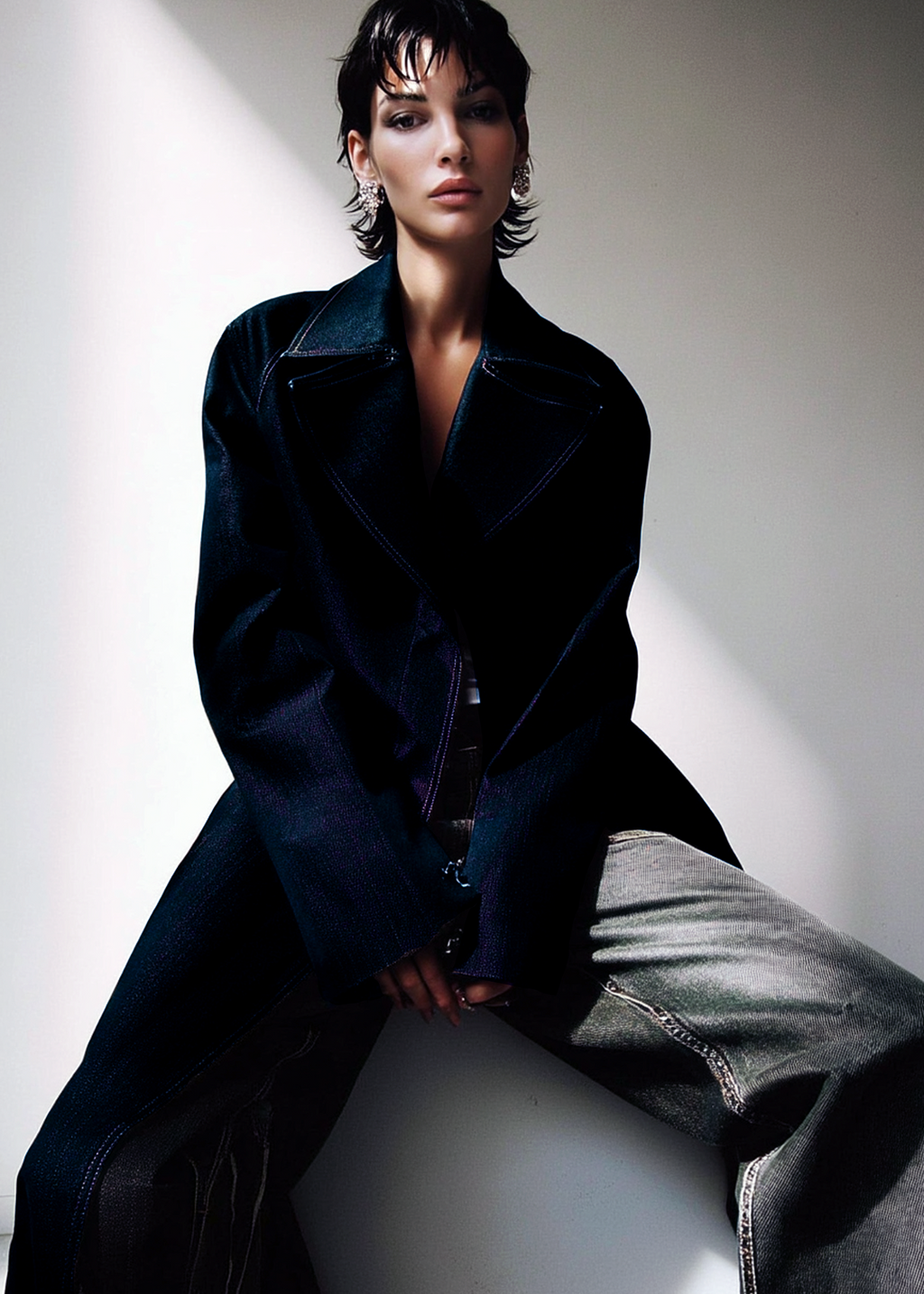 Oversized A-line denim coat in midnight blue