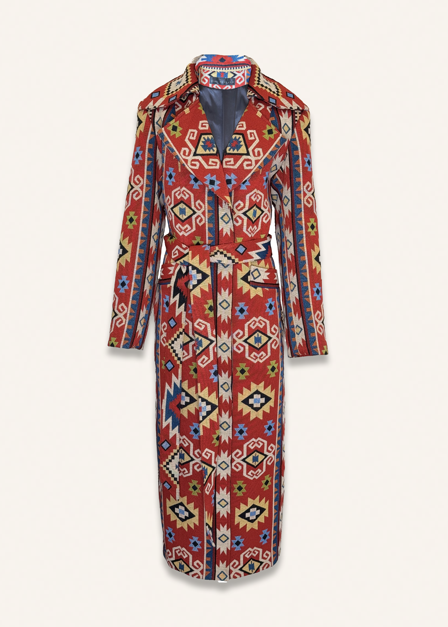 Long coat in red mosaic