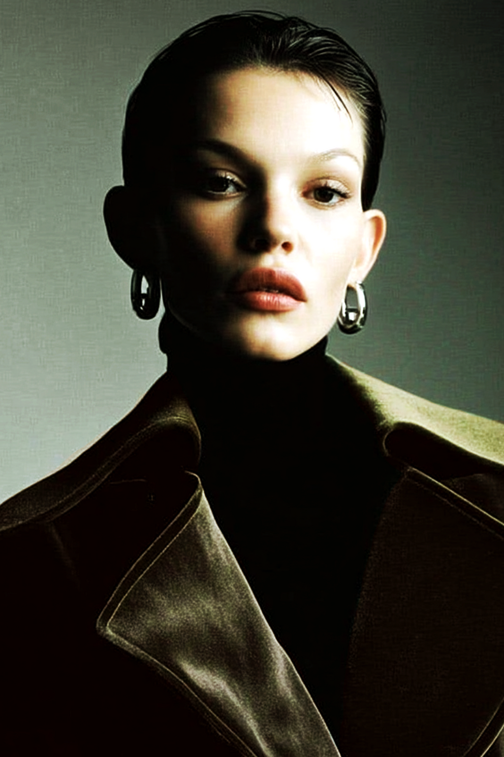 Long coat in dark green velvet