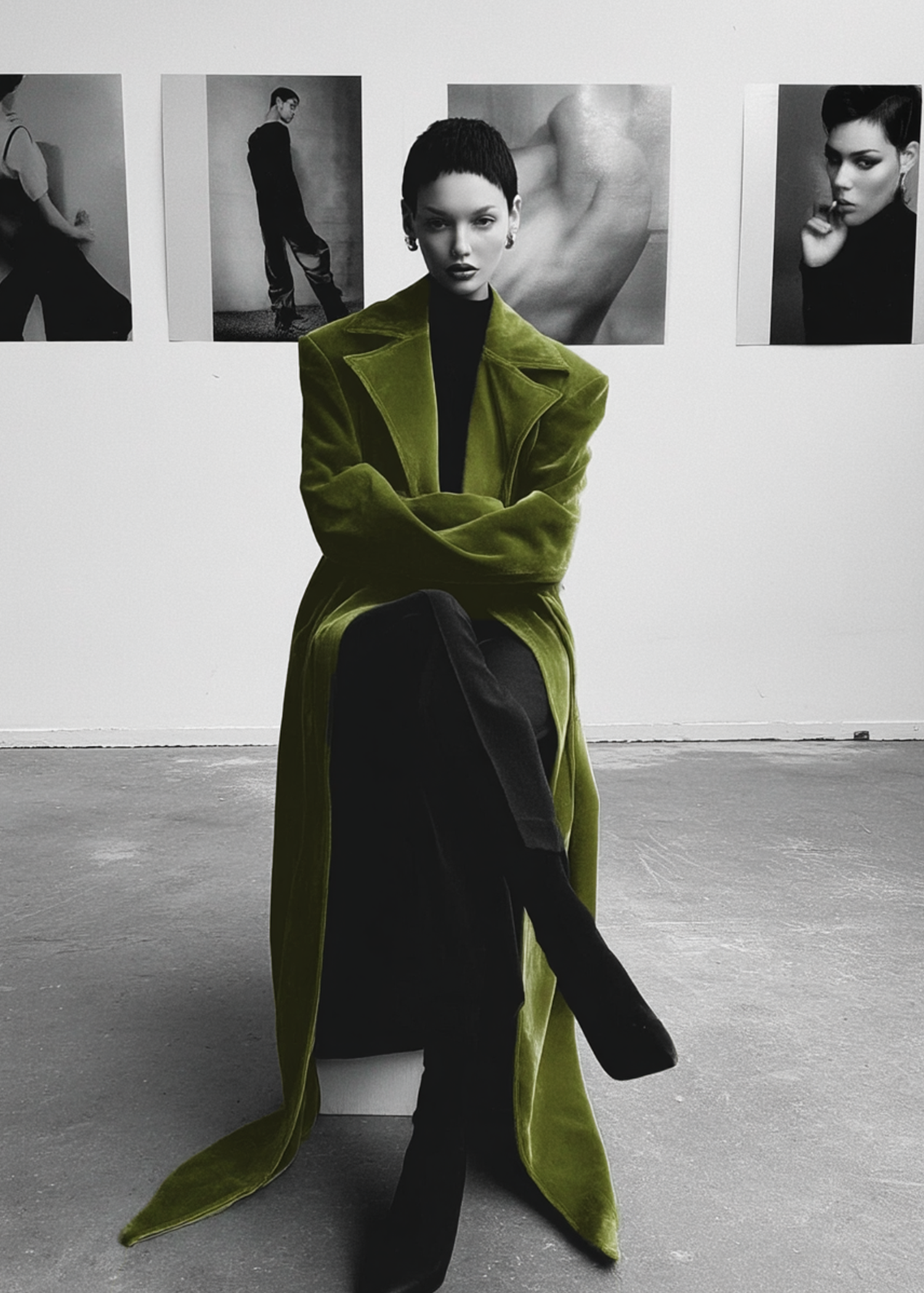Long velvet coat in olive green