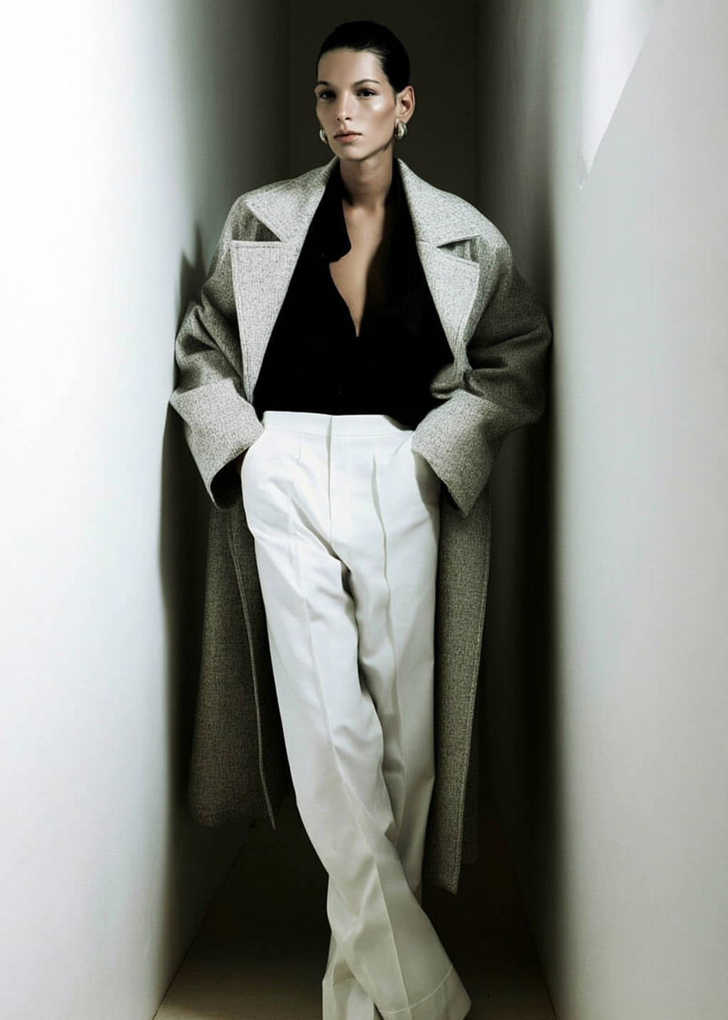 Oversized A-line grey mélange wool coat