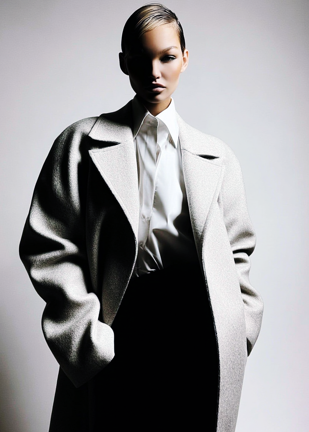 Oversized A-line grey mélange wool coat